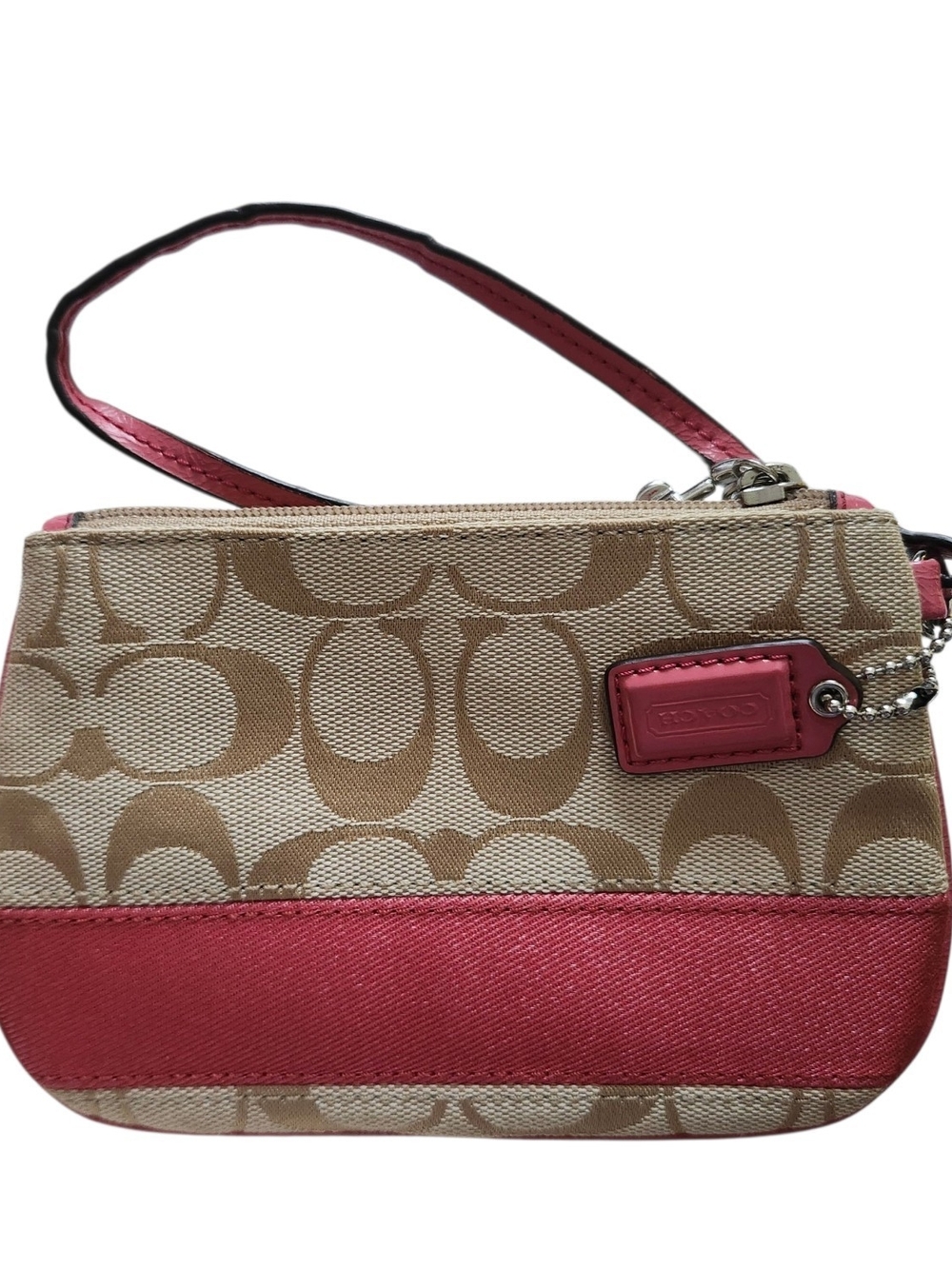 Coach Khaki Signature Canvas Wristlet with Pink Leather Trim